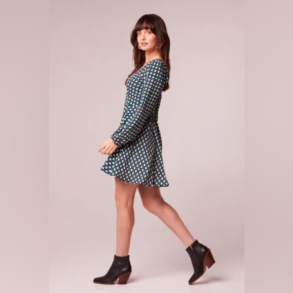 NWT Band Of The Free GENEVIEVE TEAL DIAMOND LONG SLEEVE MINI DRESS Smocked Back - Picture 4 of 5
